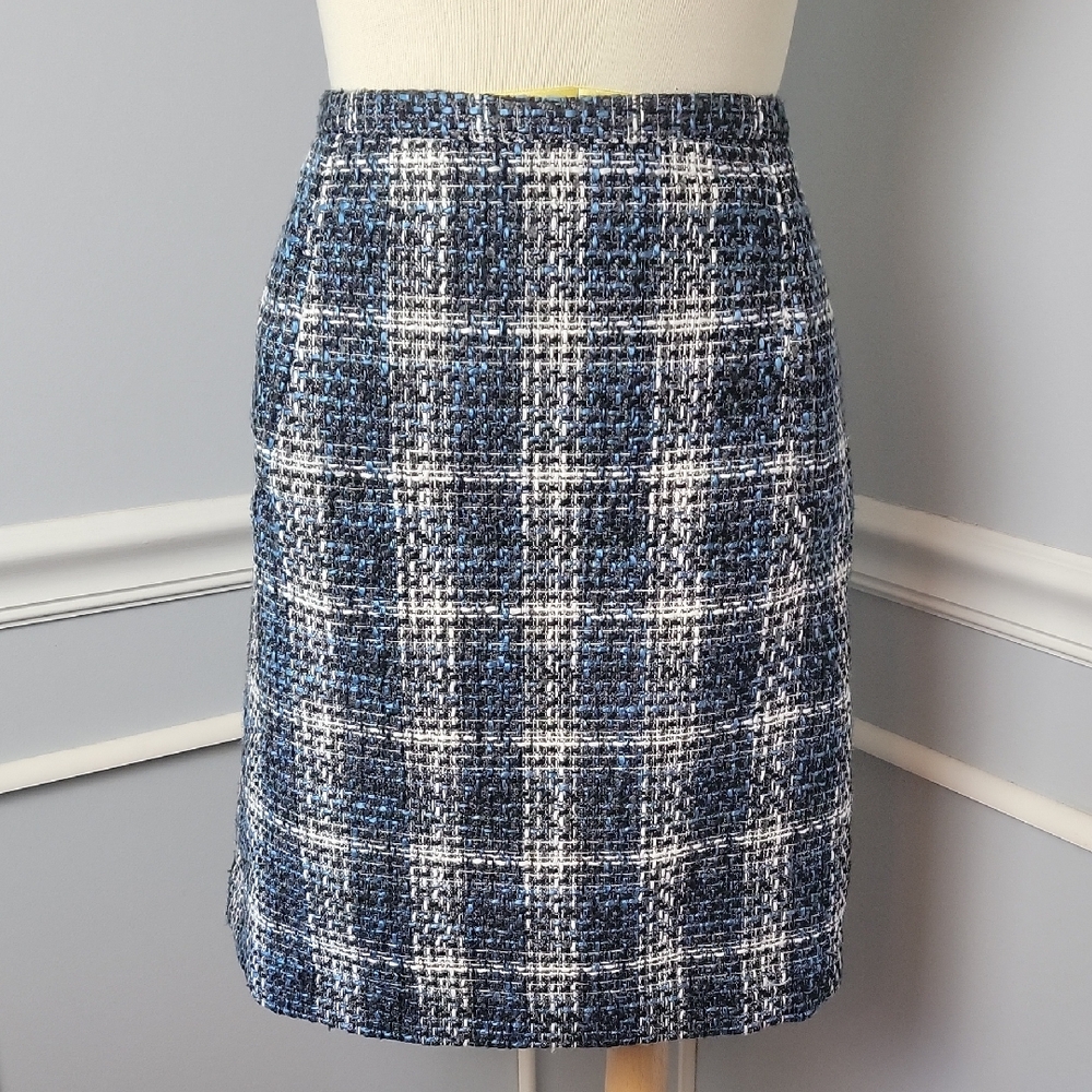LOFT Black Blue Tweed Pencil Office Business Old Money Classic Preppy Skirt 10